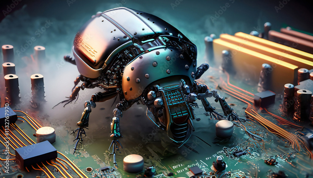 Poster beetle attacks and destroys electronics. concept of computer virus and malicious software code.