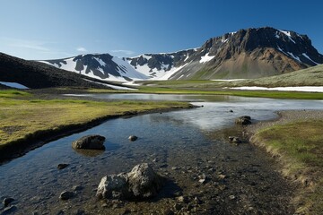 Mountain landscape with a clear stream, rocky shore, and snow-capped peaks under a bright blue sky