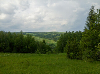 Verdant countryside with a mix of lush green hills and trees under an overcast sky. The view...