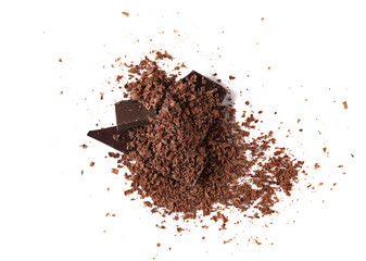 Pile chopped, milled dark chocolate isolated on white, clipping	
