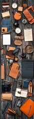 Fototapeta premium Flatlay of Vintage Travel Accessories on Wooden Background.
