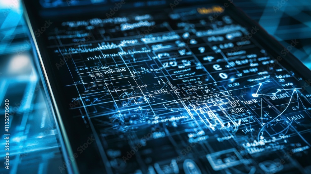Poster Close-up view of innovative engineering calculator complex data display in high-tech office digital interface