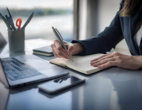 Office tools and gadgets symbolizing an assistant's role, featuring items like a notebook, pen, and smartphone, representing organization, support, and efficiency.