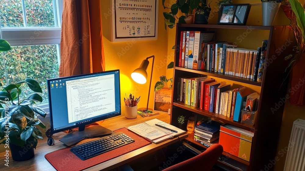 Poster Productive home study spaces cozy interior design for focused work with computers and books in an inviting atmosphere