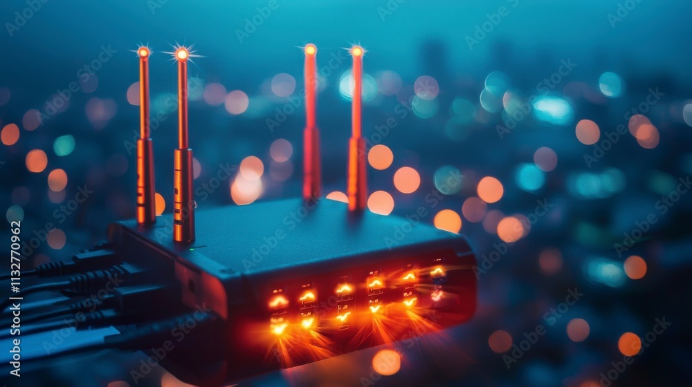 Poster Industrial wireless router with multiple antennas urban setting technology device nighttime view connectivity concept