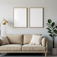 A modern living room with a beige sofa, two framed wall art pieces , a table lamp , and a potted plant