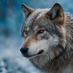 Obraz premium A close-up of a wolf’s face with a frosty blue background.