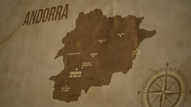 Vintage Map of ANDORRA with states Borders and Major Cities Positions