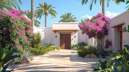 Fototapeta premium Lush Tropical Courtyard With White Walls and Wooden Door