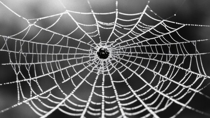 Obraz premium Dew-Covered Spiderweb with a Cluster of Water Droplets at the Center
