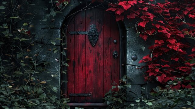 Enchanting Red Door Hidden Amidst Lush Green Vines
