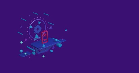 Pink battery symbol on a pedestal of abstract geometric shapes floating in the air. Abstract concept art with flying shapes on the left. 3d illustration on deep purple background