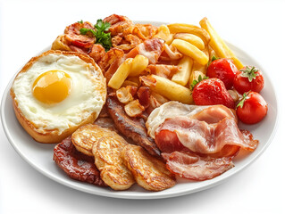 Breakfast includes fried eggs and bacon.