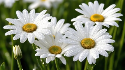 Fototapeta premium Fresh White Daisies with Dewdrops on Green Grass in Morning Light
