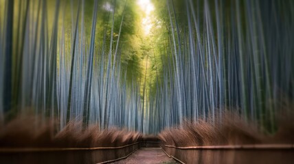 Dense bamboo forest glowing under soft sunlight.