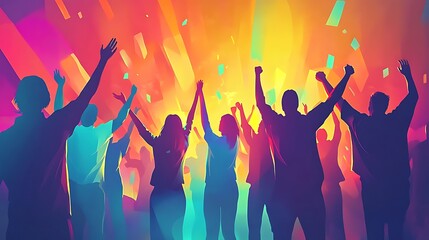 People raising their arms against a colorful background