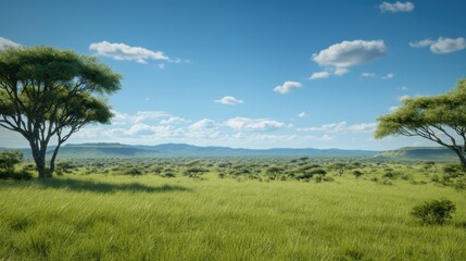 Obraz premium Expansive Green Grassland Landscape Under Clear Blue Sky