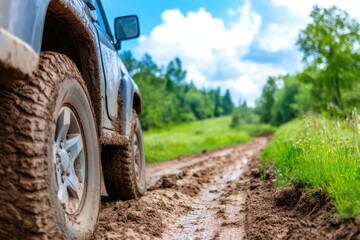 Off-road Vehicle on Muddy Trail in Scenic Green Landscape