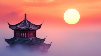 Fototapeta premium Chinese New Year new beginnings concept. Serene sunset over a traditional pagoda amidst fog.