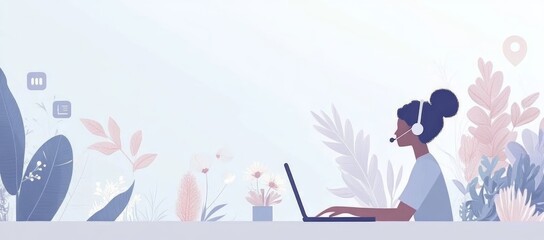 Woman working from home on laptop, surrounded by plants and using headset.