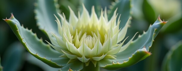A mesmerizing close-up of a unique succulent flower, its pale green petals delicately unfolding, revealing a vibrant heart. Nature's artistry at its finest!