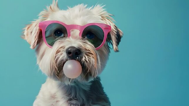 Cute white dog in pink sunglasses blowing bubble gum.