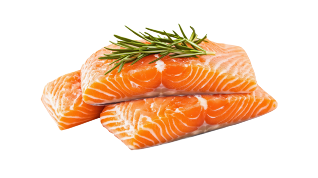 Fresh Salmon Fillets with Rosemary isolated on transparent background	