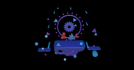 Obraz premium Red social distance symbol on a pedestal of abstract geometric shapes floating in the air. Abstract concept art with flying shapes in the center. 3d illustration on black background