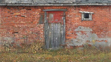 Rustic Brick Wall With Weathered Door And Small Window