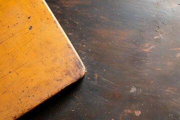 Yellow worn wooden board on dark brown wood surface.