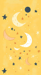 Naklejka premium A whimsical illustration of moons and stars on a yellow background, evoking a dreamy atmosphere.