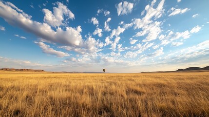 Obraz premium Hot air balloon drifting over vast golden landscape under blue sky