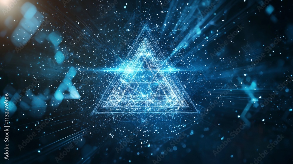 Poster Abstract graphic design digital fractal of interconnected triangles in a futuristic cosmic environment