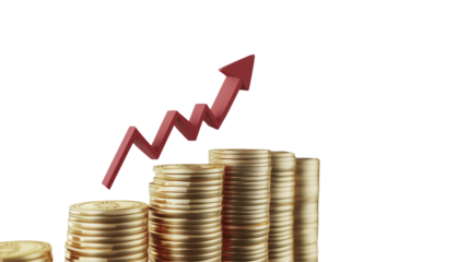Economic Growth with Rising Graph and Stacked Gold Coins isolated on transparent background	