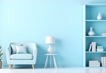 A minimalist living room with a light blue wall, a white sofa, a white side table with a lamp, and a closed-door