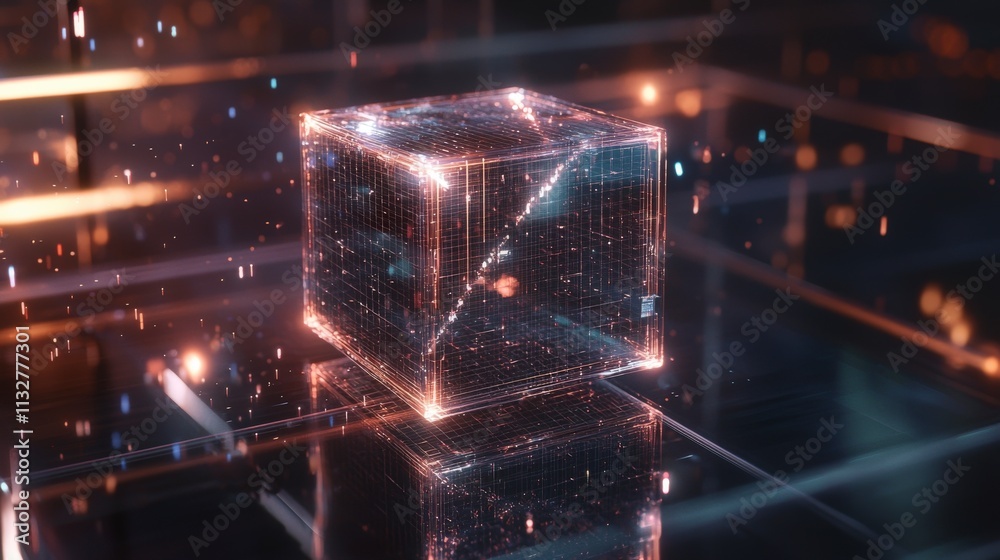 Aufkleber Holographic digital grid forms glowing cube futuristic technology display virtual environment high-tech concept art