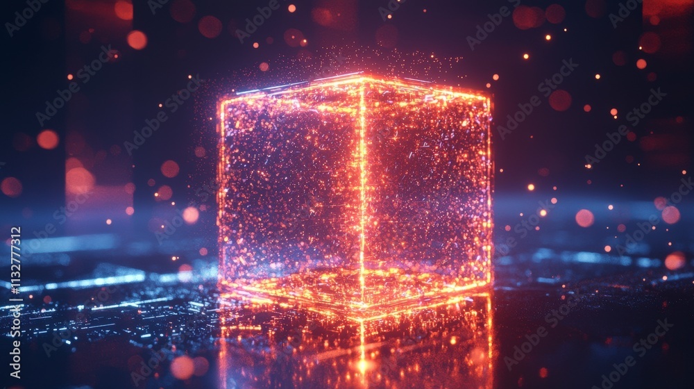 Poster Glowing holographic digital cube formation futuristic tech lab 3d visualization cyber environment dynamic concept art
