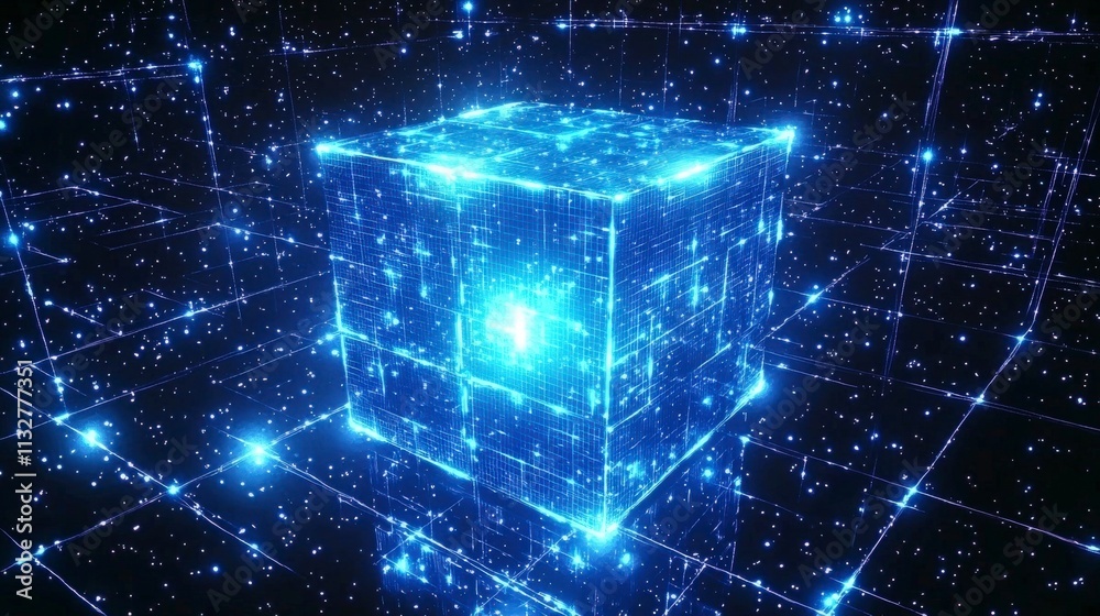 Poster holographic digital grid forms glowing cube in virtual space technology visualization futuristic env