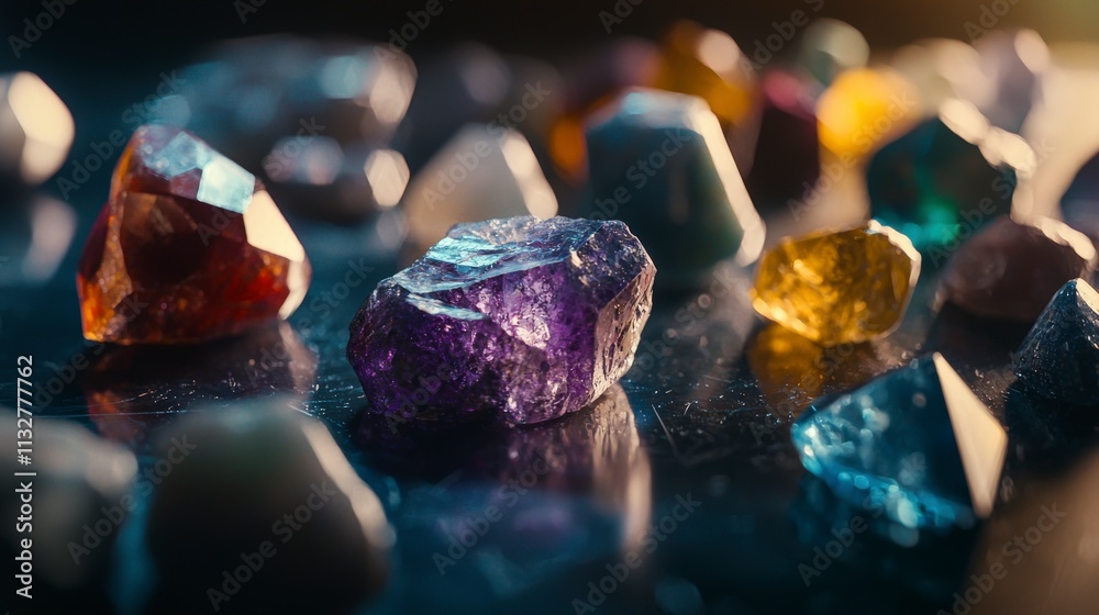 Poster artisan natural gemstones closeup studio setting photography colorful textures macro view unique mat