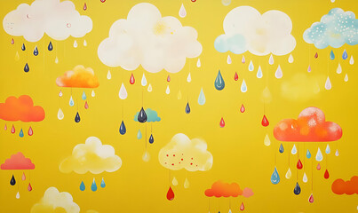 Fototapeta premium A cheerful illustration of colorful clouds and raindrops against a bright yellow background.