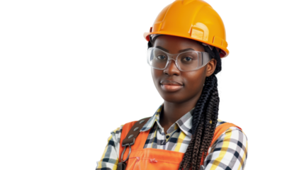 American african young female engineer with safety helmet on white background
