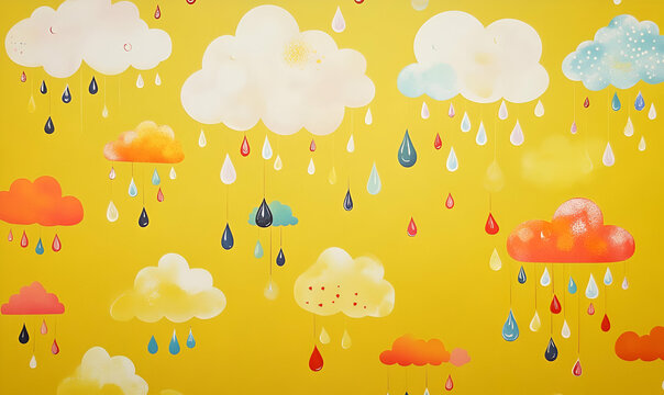 A cheerful illustration of colorful clouds and raindrops against a bright yellow background.