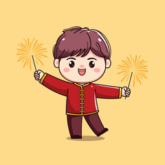 Cartoon Character in Traditional Red Outfit chinese new year carrying fireworks