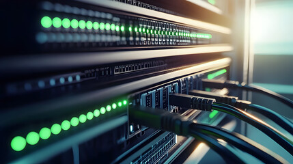 Network switch router with multiple ethernet cables plugged in, green LED lights glowing to indicate connectivity in a modern data center.