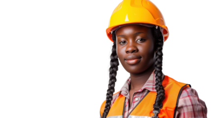 American african young female engineer with safety helmet on white background
