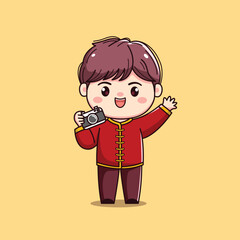 Cartoon Character in Traditional Red Outfit chinese new year carrying a camera