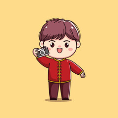 Cartoon Character in Traditional Red Outfit chinese new year carrying a camera