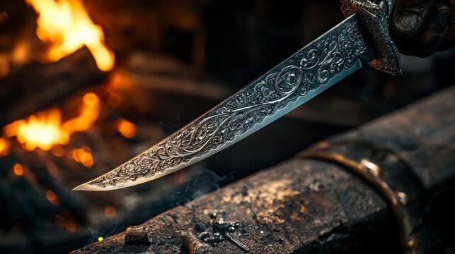 Blacksmith crafting exquisite decorative knife workshop artisanal metalwork fiery forge close-up tradition and mastery