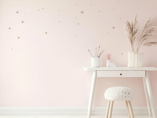 Obraz premium A minimalist workspace with a pink wall and decorative elements for a calming atmosphere.