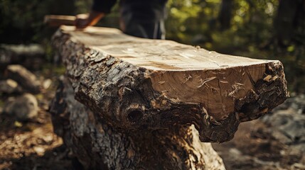 Crafting a large log into handmade woodwork art forest workshop craftsmanship process natural setting artisan perspective